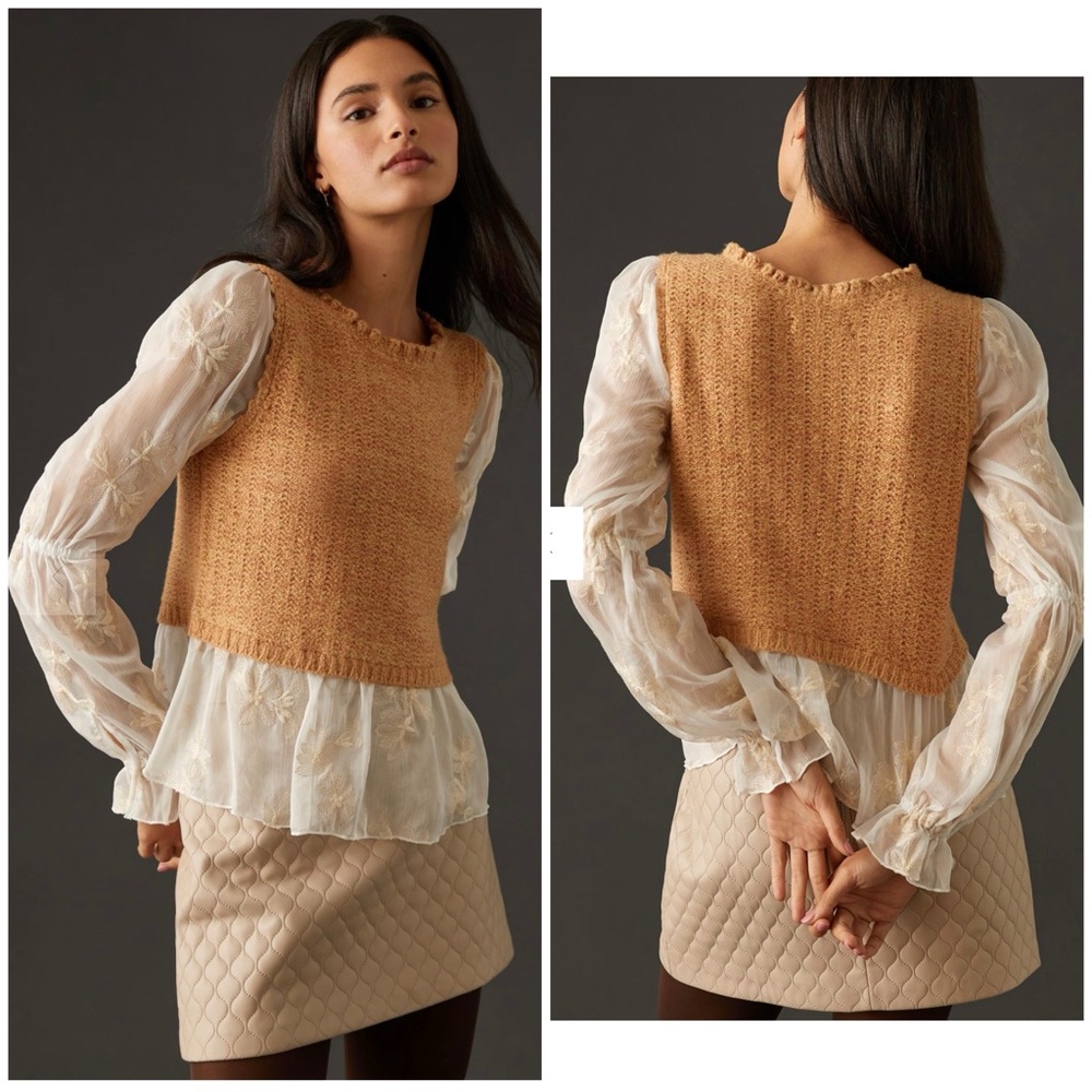 Anthropologie Layered Sweater Vest and Blouse Size Medium Sheer Knit Bohemian - Picture 2 of 12